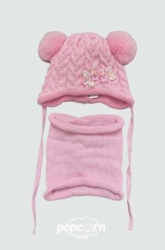 Baby set pletenej čiapky s bombuľkami + nákrčníku pink
