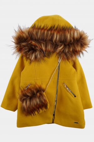 Dievčenský horčicový kabát s kabelkou