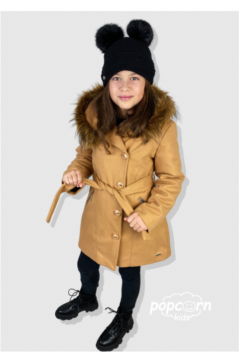 Dievčenský béžový kabát s kožušinkou